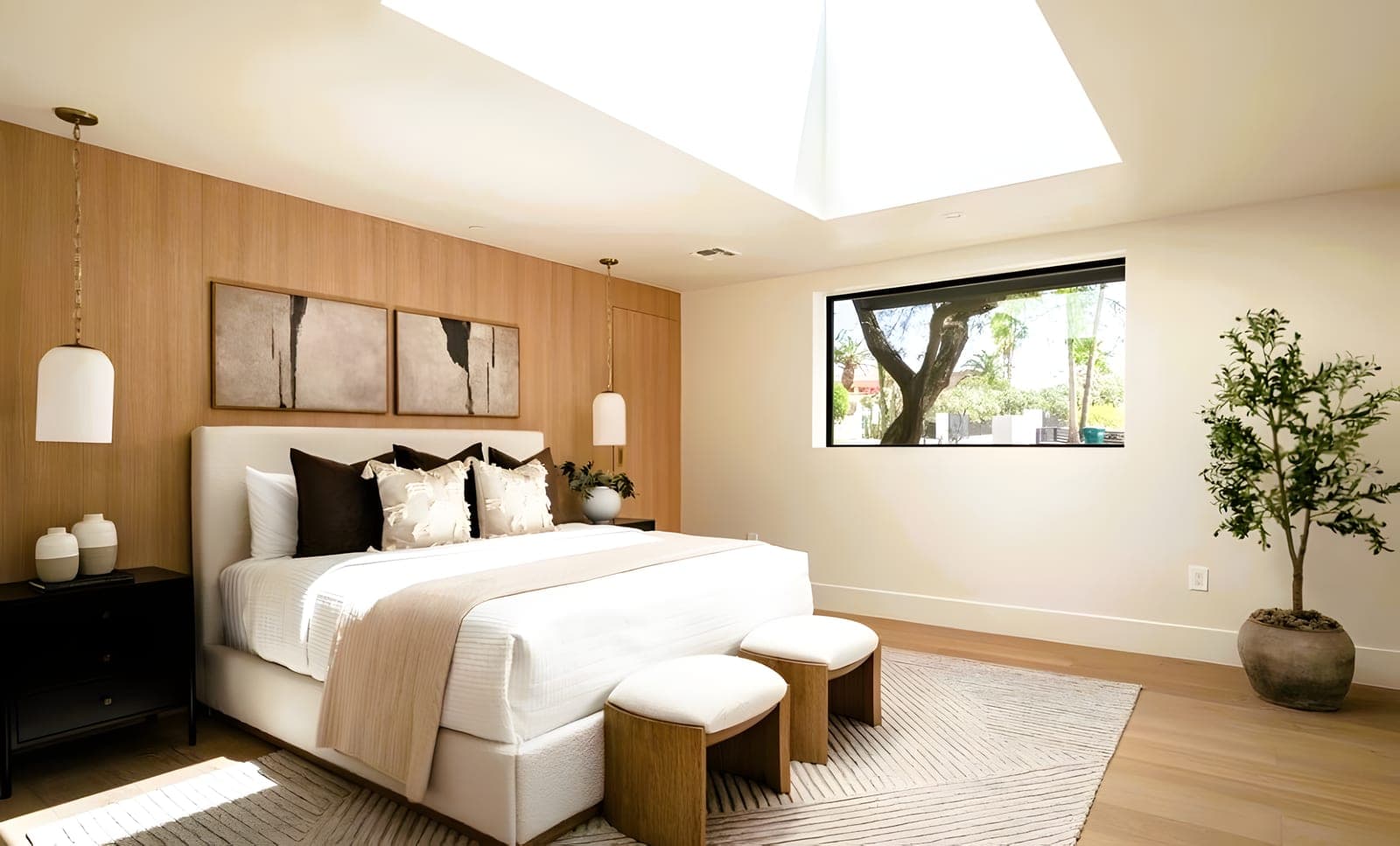 Primary bedroom with floor-to-ceiling white oak paneling, an architectural skylight, and pendant lighting over an upholstered bed