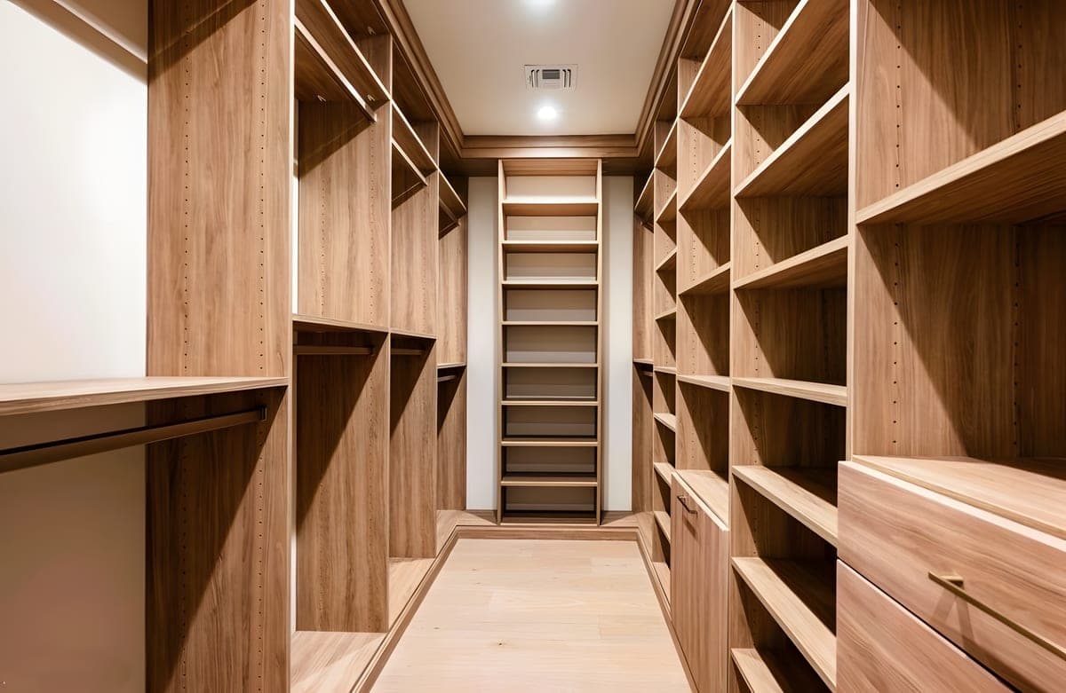 Walk-in closet with floor-to-ceiling walnut shelving, shoe storage, drawer banks, and hanging rods