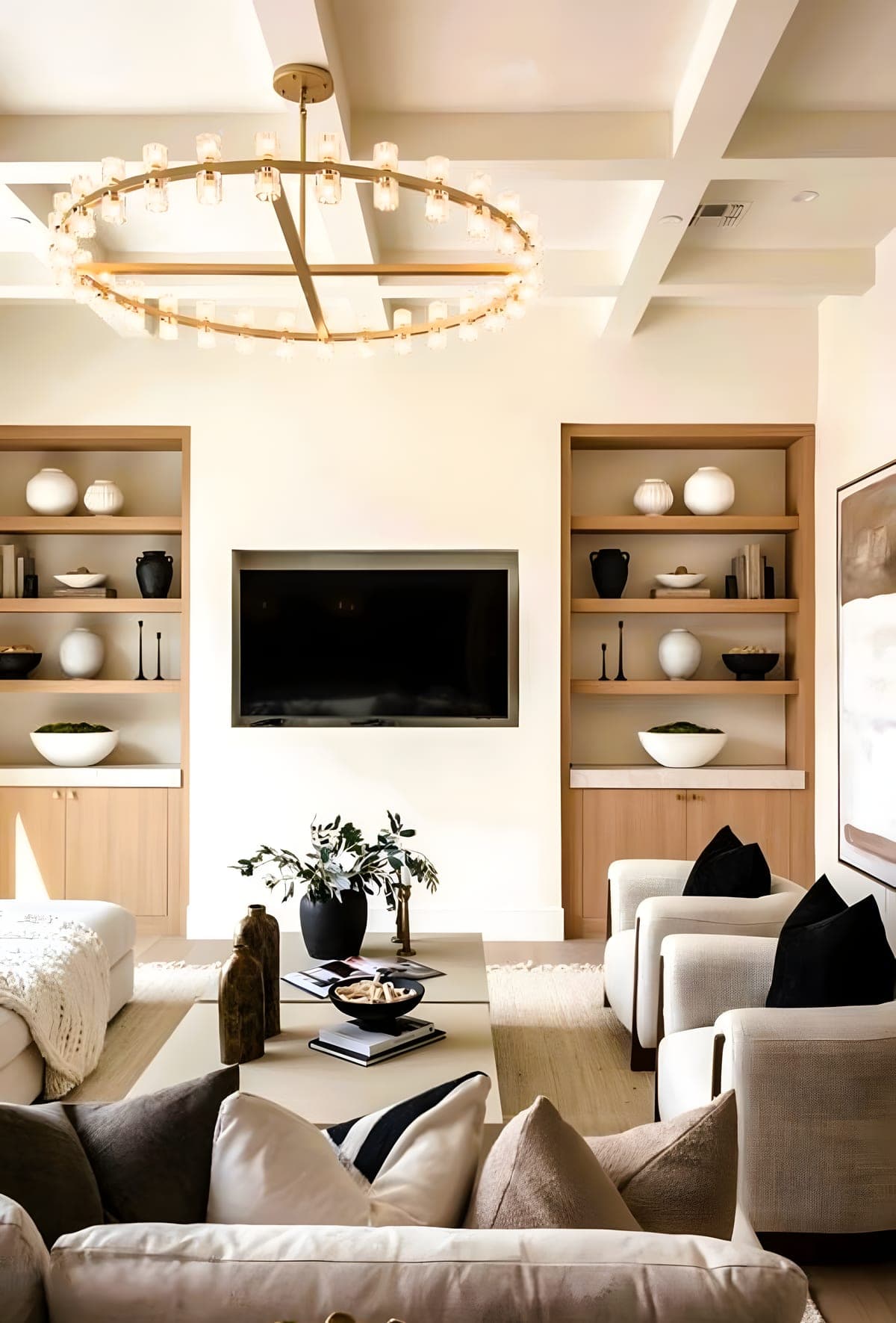 Great room with a ring chandelier, coffered ceiling with exposed beams, and custom white oak built-in shelving flanking a TV niche