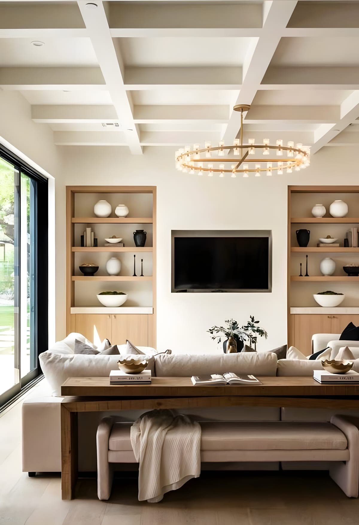 Built-in white oak shelving with styled accessories, a ring chandelier above, and coffered ceiling detail